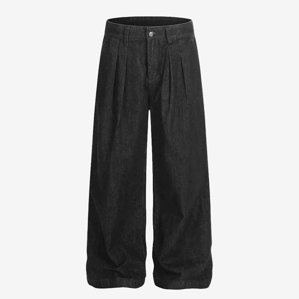 Black Pleated Loose Fit Denim