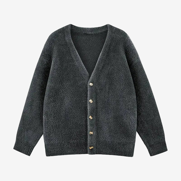 V-neck fuzzy knit cardigan