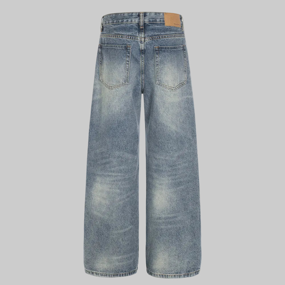 Blue washed studded straight leg denim